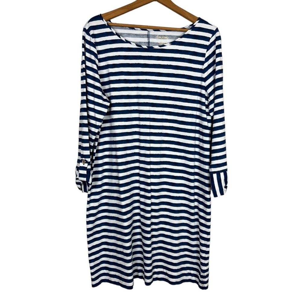Lilly Pulitzer Dress Womens XL Navy Blue Stripe Shift 3/4 Sleeve Marlowe‎ Resort